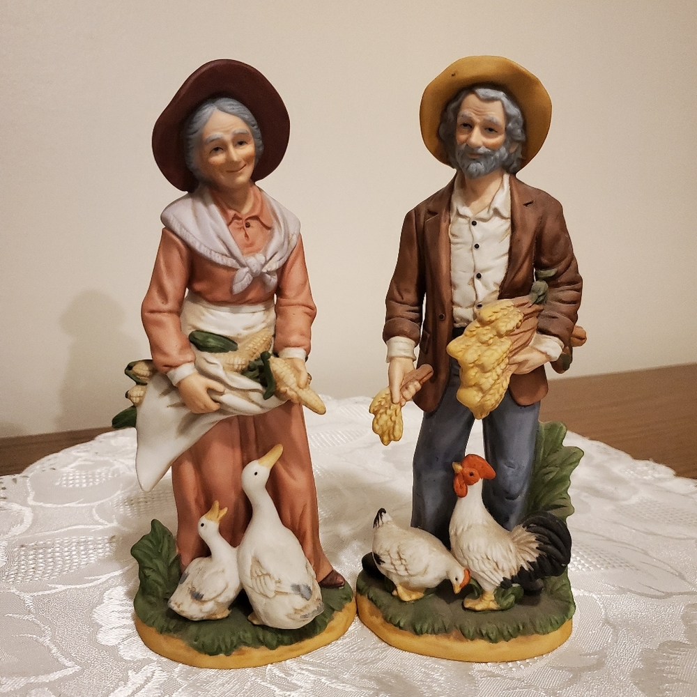 Vintage Homco Old Couple Wheat Corn Chickens #1477 Farmers Figurine